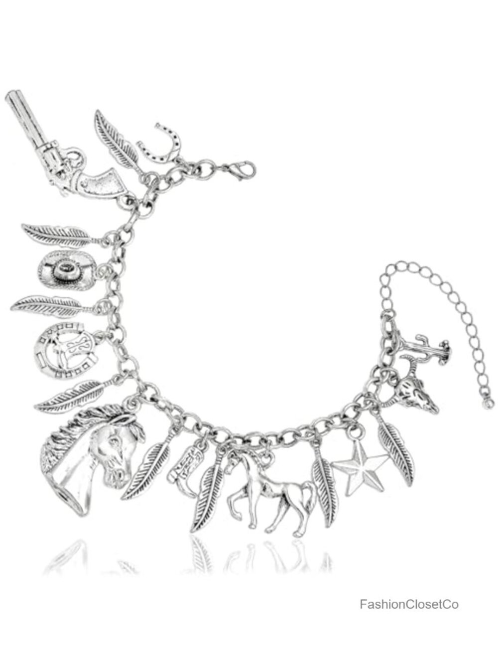Western Cowgirl Charm Link Chain Bracelet Cuff Bangle with 18 Charms